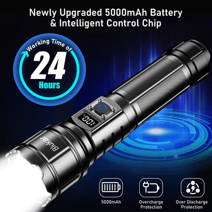 Blukar Torch Rechargeable, 500000 Lumens Torches LED Super Bright Flashlight, Adjustable Focus, 5 Modes, 5000 mAh Long Lasting, IP67 Waterproof, Smart Digital Display for Camping, Power Cuts,Emergency