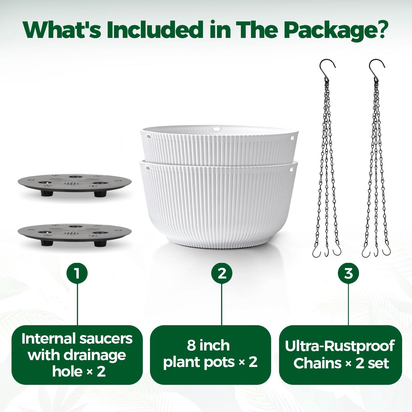 T4U Hanging Planter Self Watering 8 Inch, 2 Pack White Indoor Outdoor Hanging Plant pots, Hanging Flower Pot with Drainage Hole & Plug & Chain with 3 Hooks for Garden Home Decor