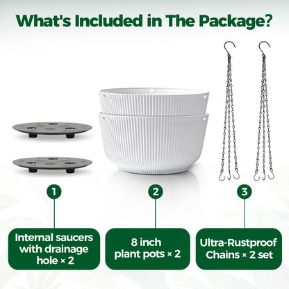 T4U Hanging Planter Self Watering 8 Inch, 2 Pack White Indoor Outdoor Hanging Plant pots, Hanging Flower Pot with Drainage Hole & Plug & Chain with 3 Hooks for Garden Home Decor