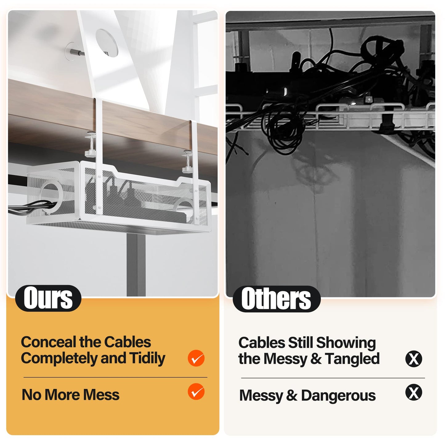 Under Desk Cable Management Tray White, Cinati Wire Organizers No Drill, Cable Tray with Clamp for Wire Management, Cord Organization Box for Office, Home - No Damage to Desk
