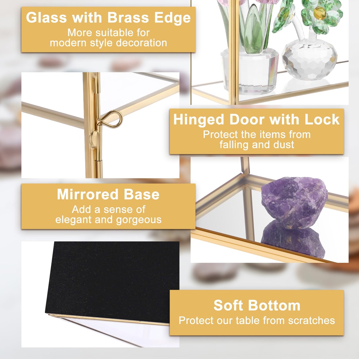 JUXYES 2 Tiers Tabletop Glass Small Figurine Display Case for Collectibles with Latch Door, Modern Clear Hobby Display Case Box with Mirror Bottom, Gold Dust Proof Case for Figurines Trinket Crystal