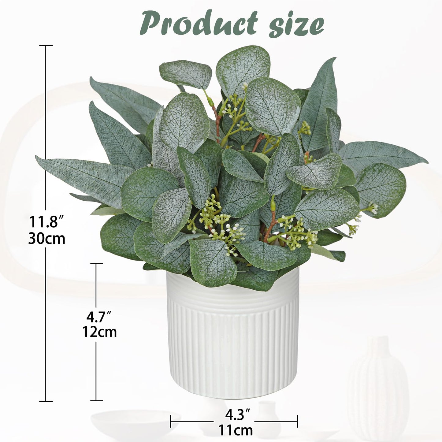 Artificial Plants Indoor with Pot, 11.8" Faux Eucalyptus Stems in Ceramic Vase for Table, Desk, Shelf, Small Fake Potted Plants Eucalyptus Leaves for Centerpieces, Living Room, Bathroom, Bedroom