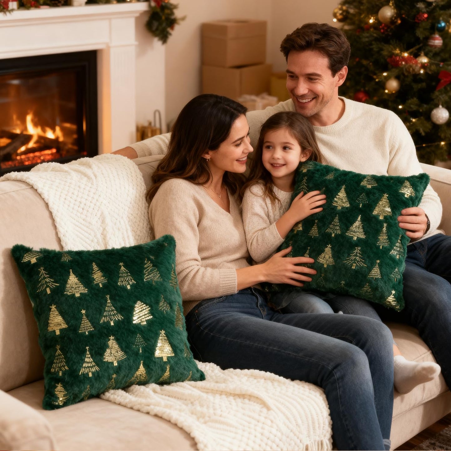 Artmag Christmas Tree Throw Pillow Covers 20x20 inch Set of 2, Decorative Golden Tree Pillow Covers Cushion Case Holiday Decoration for Home Couch Sofa