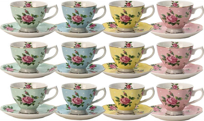 BTaT- Floral Tea Cups and Saucers, Set of 12, 8 oz, Fine Porcelain Teacup Set with Gold Trim for Afternoon Tea, Weddings, Parties & Gifting, Dishwasher Safe, Lightweight, Non-Toxic, Mothers Day Gift