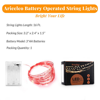 Ariceleo Led Fairy Lights Battery Operated, 1 Pack Mini Battery Powered Copper Wire Starry Fairy Lights for Bedroom, Christmas, Parties, Wedding, Centerpiece, Decoration (5m/16ft Red)