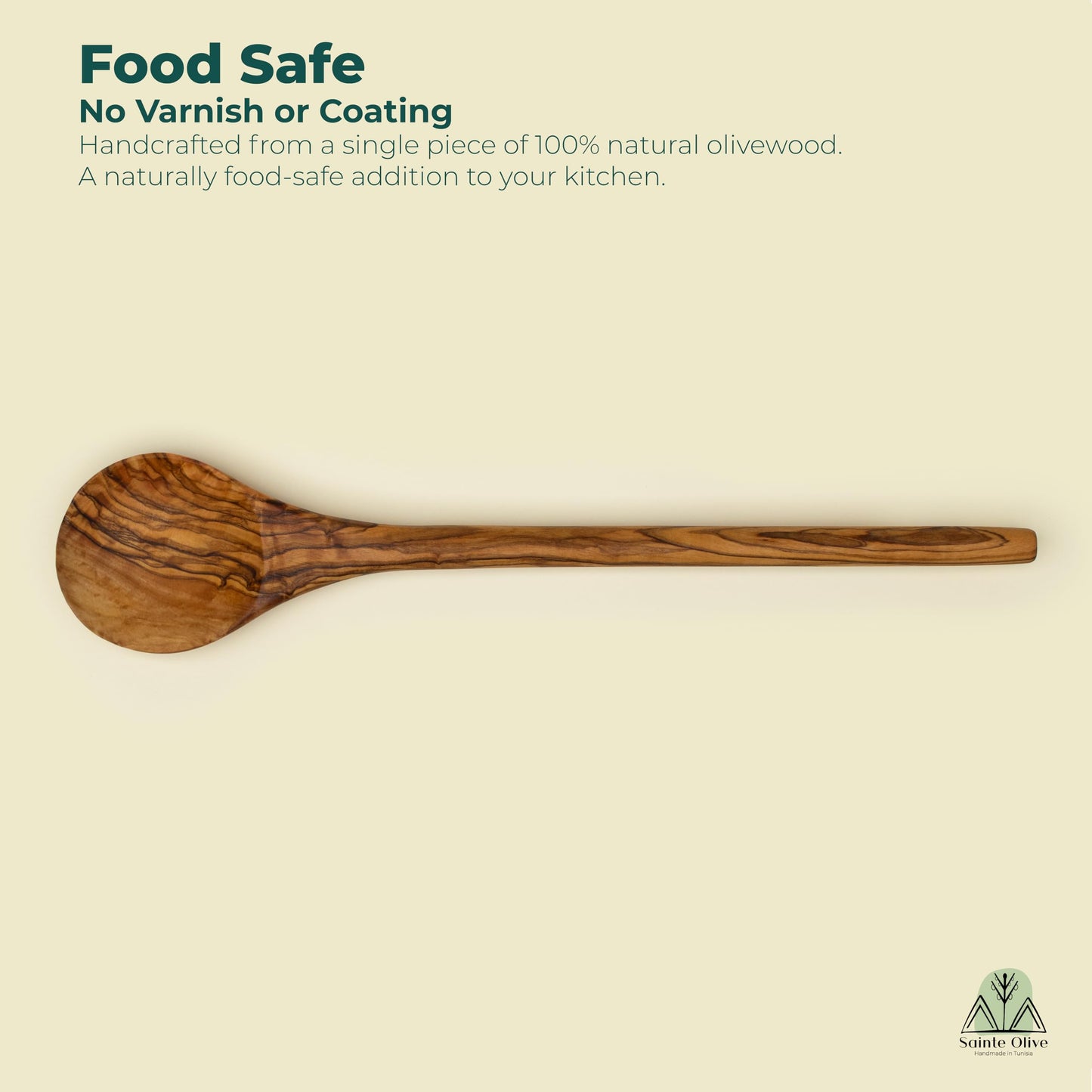 Sainte Olive 14.5 Inch Handmade Natural Olive Wood Cooking Spoon, Heat Resistant, Perfect for Nonstick Pans and Deep Pots