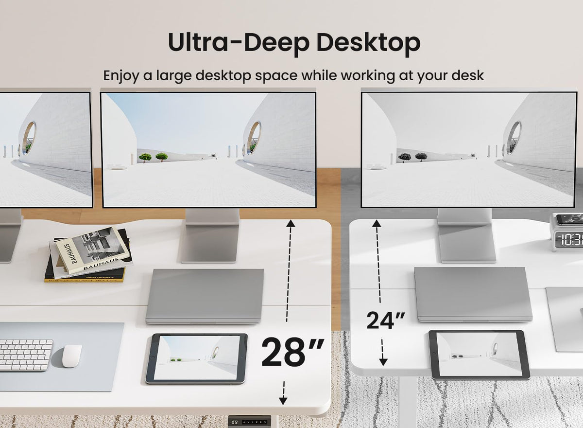 BANTI 63 × 28 Inches Standing Desk, Ergonomic, Electric Height Adjustable, Sit and Stand Up, Computer Desk with a Deeper Desktop, White Frame/Whitetop
