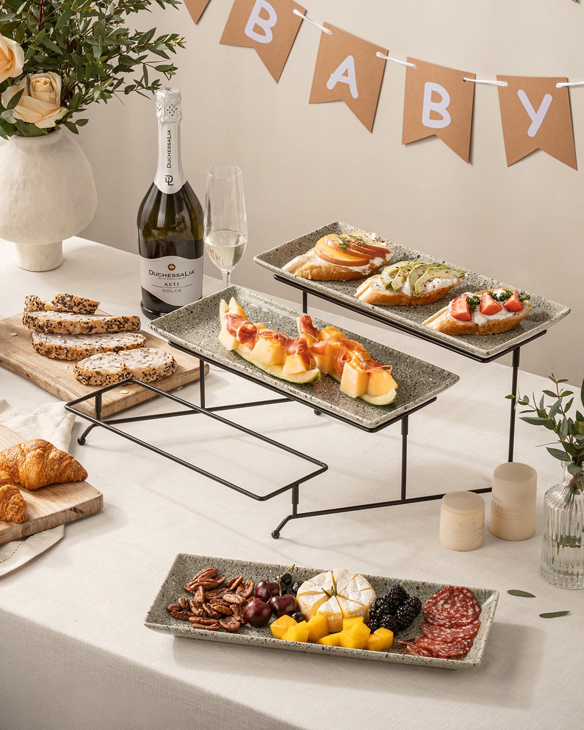 LAUCHUH 3 Tier Serving Trays for Party, 14 inch Dessert Party Display Stand Serving Platters and Trays with Collapsible Sturdier Rack for Father's Day Serving Food, Speckled Gray
