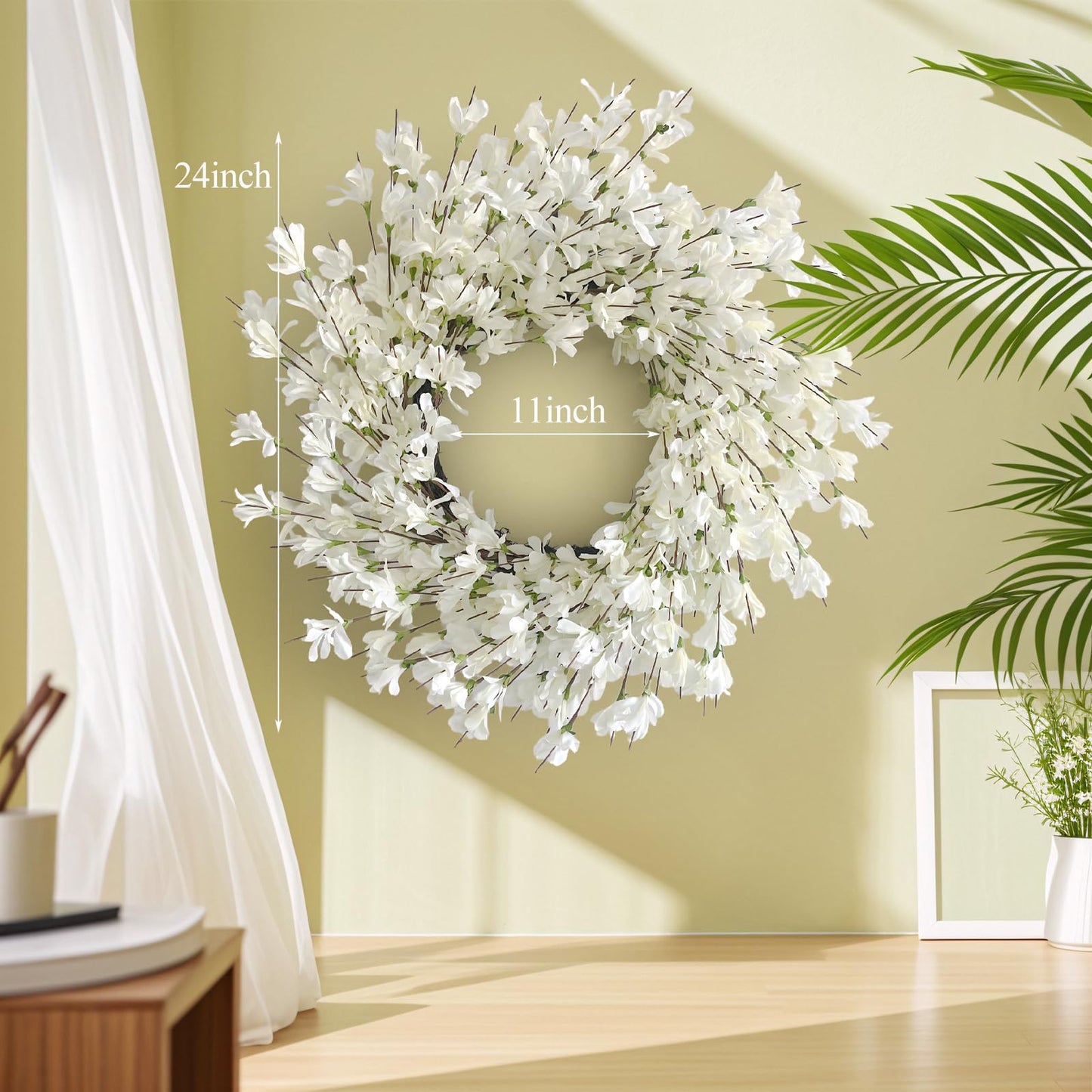 Spring Wreath for Front Door, 24 Inch White Cream Forsythia Spring Wreath Blossom Cluster Flower Farmhouse on Grapevine for Front Door Wall Window Hanging Décor Festival Celebration