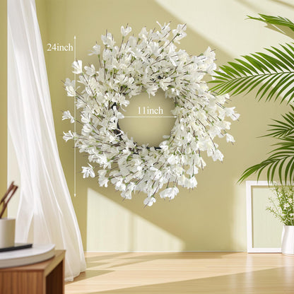 Spring Wreath for Front Door, 24 Inch White Cream Forsythia Spring Wreath Blossom Cluster Flower Farmhouse on Grapevine for Front Door Wall Window Hanging Décor Festival Celebration