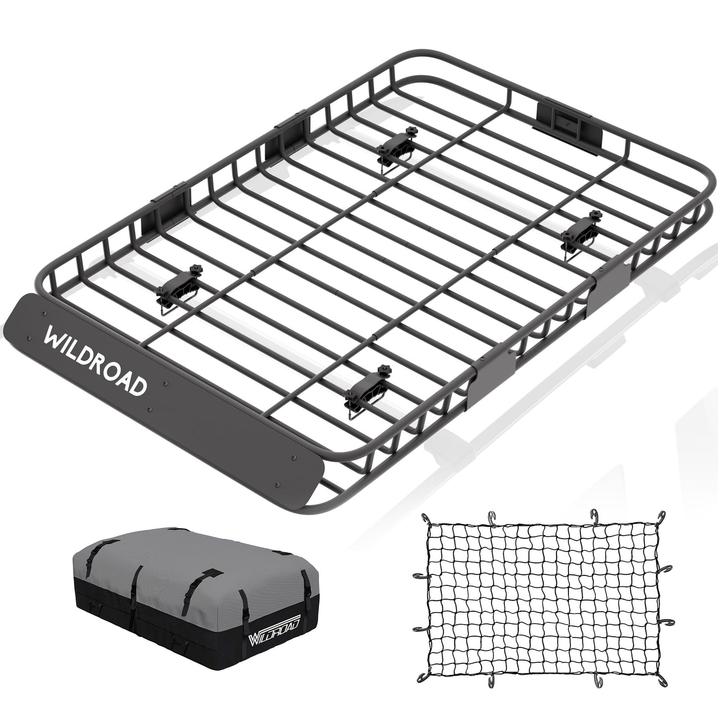 Wildroad Car Roof Cargo Carrier Combo of Upgraded 64"x 39"x 4" Roof Rack Cargo Basket with 21 Cubic ft Ultra Waterproof Anti-Tear Fabric Cargo Carrier Bag and Super Duty Bungee Cargo Net