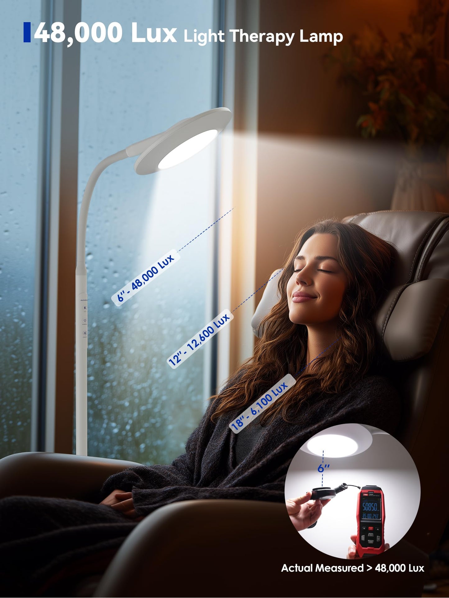 48000 LUX UV-Free Sunlight Lamp, 36W Bright LED Floor Lamp, Full Spectrum Sun Lamp, 7 Brightness Levels 4 Color Temps with Remote, Adjustable Height Reading Floor Lamp for Living Room Bedroom Office