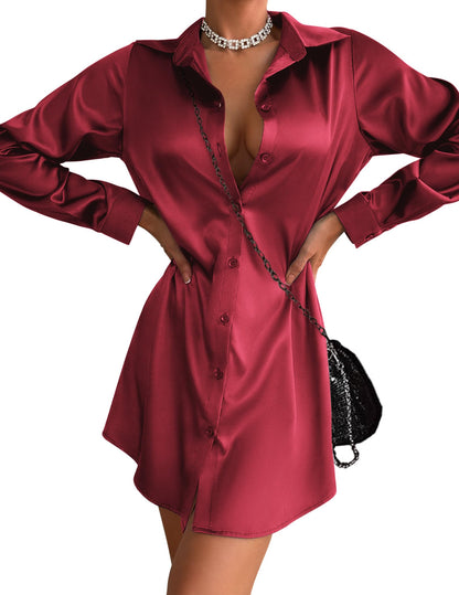 Zeagoo Christmas Red Dress Button Down V Neck Mini Elegant New Year Dress Wine Red L