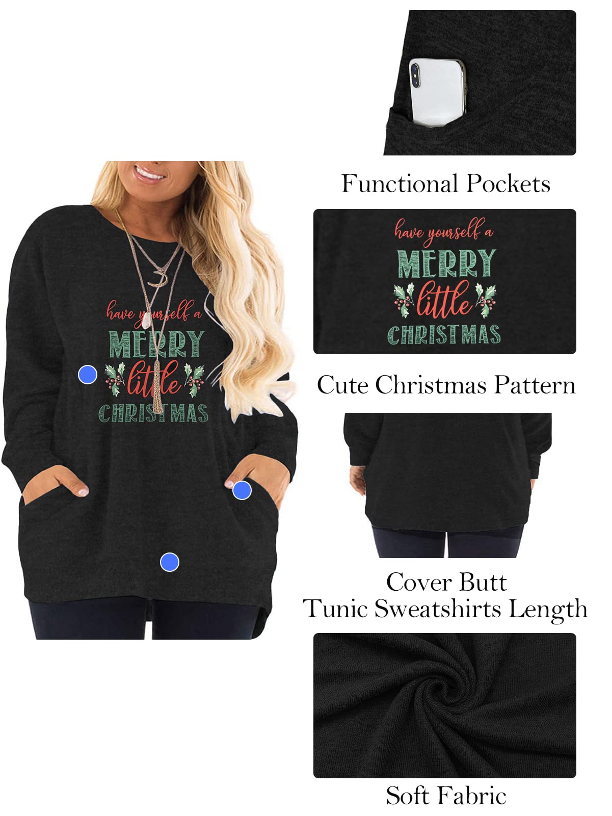 DOLNINE Plus Size Christmas Sweater Winter Casual Holiday Tops Long Sleeve Sweatshirts Black SD007-20W