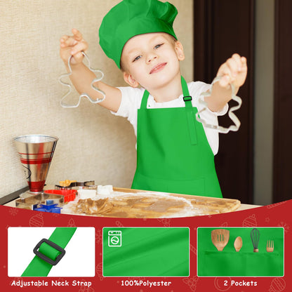 IAGBIBUI Kids Apron and Chef Hat Set, 16 Pieces Boys Girls Christmas Kids Apron with 2 Pockets Adjustable for Cooking Classroom Baking Painting, 6-13 Years(Red, Green)