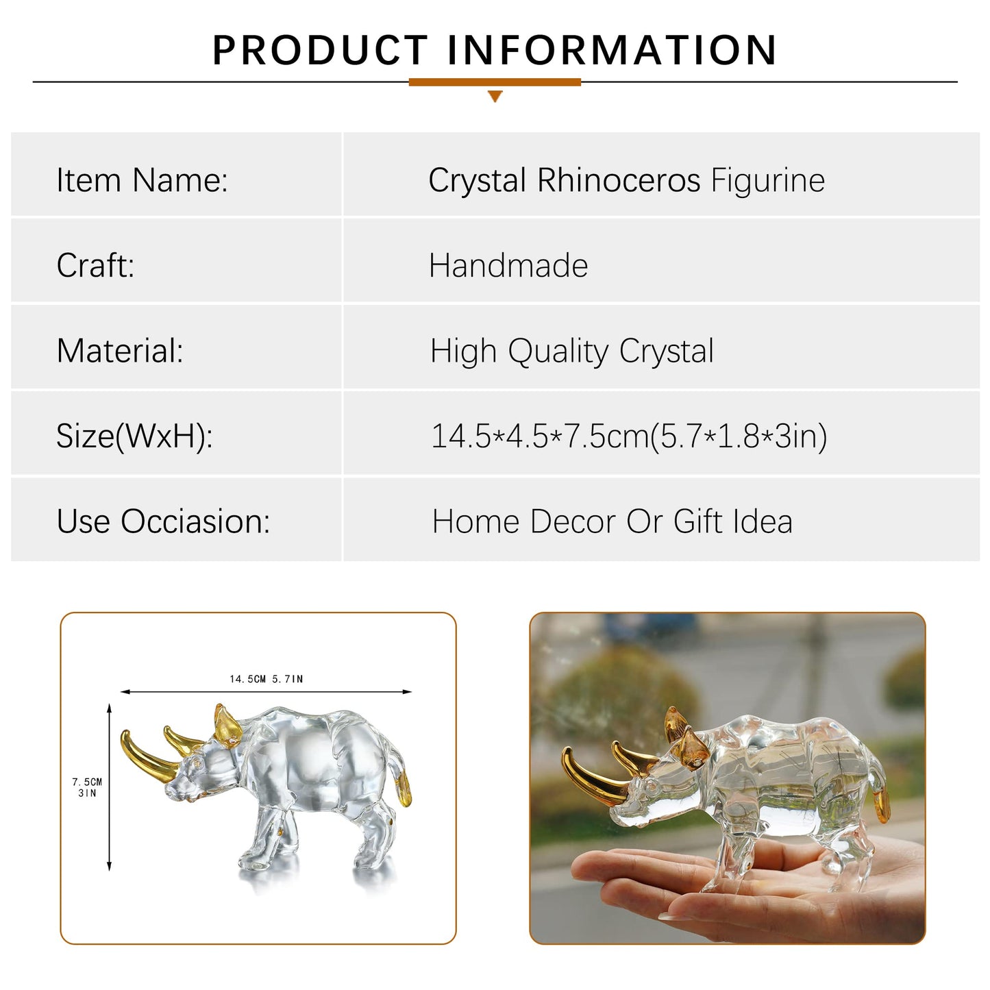 YU FENG 6'' Blown Glass Rhinoceros Animal Figurines Collectibles Crystal Art Rhino Wildlife Paperweight (Clear and Golden)