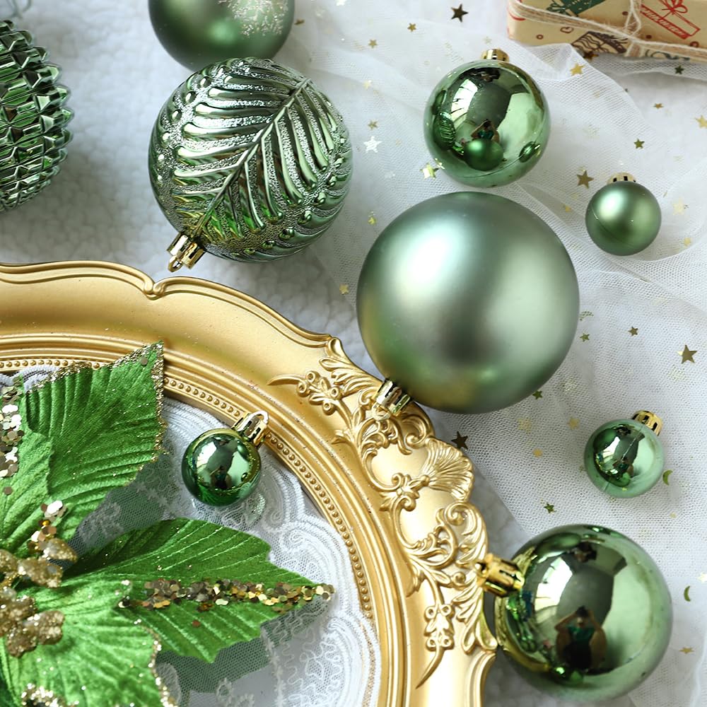 Christmas Ornaments Set, 48ct Green Shatterproof Christmas Tree Decorations Ball Large Glitter Christmas Flowers Hanging Ornament，for Xmas Trees Decor Indoor Home Holiday Party