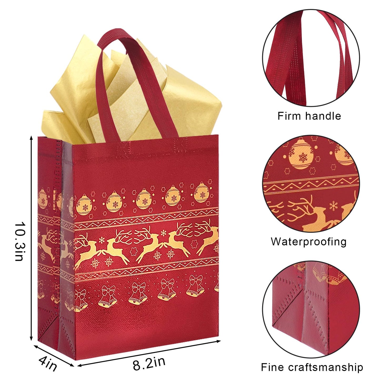 18Pack Christmas Gift Bags Medium Size with Tissue Paper - Reusable Non-Woven Tote Bags with Handles - Perfect for Gift Wrap/Party Favor Supplies - 10.2" x 8.3" x 4"