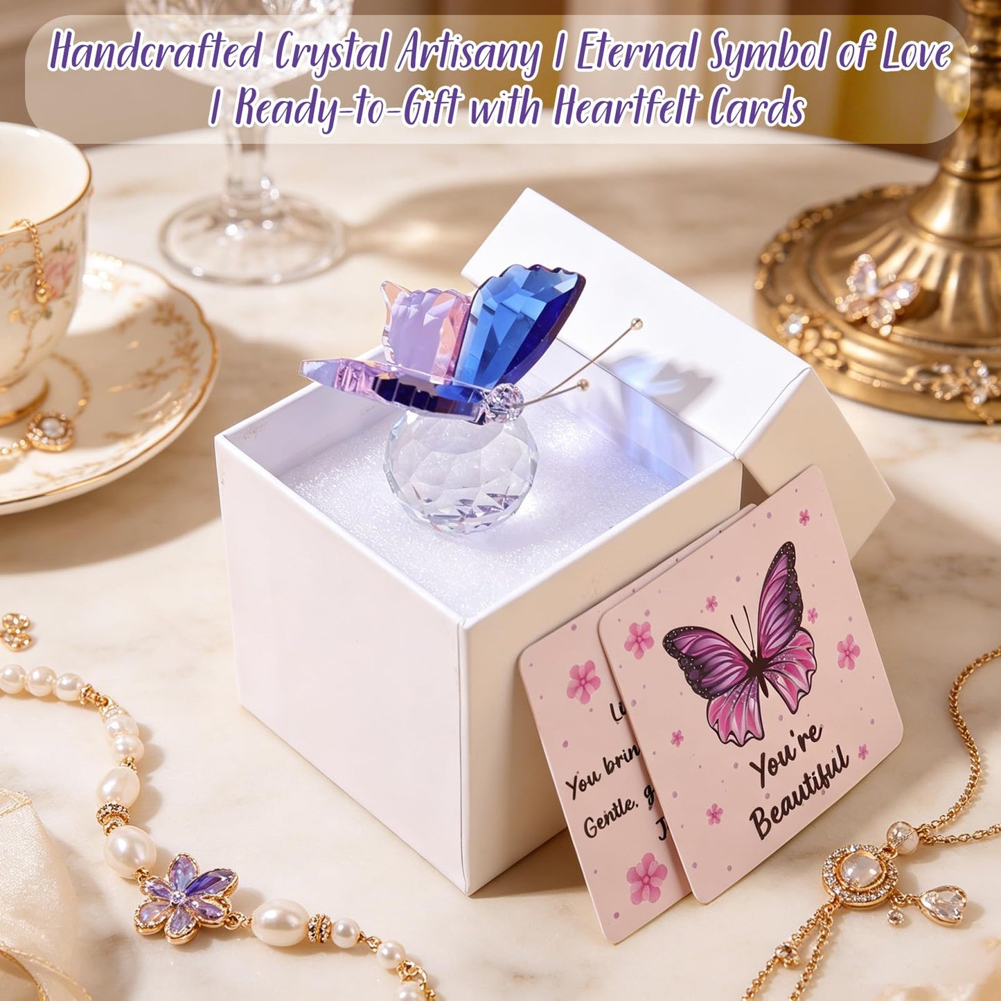 Crystal Butterfly Figurine, "You're Beautiful" Encouragement Gift with Card & Gift Box, Thinking of You Present for Mom Sister, Sympathy Get Well Soon Gift for Women, Blue-Purple Butterfly Decor