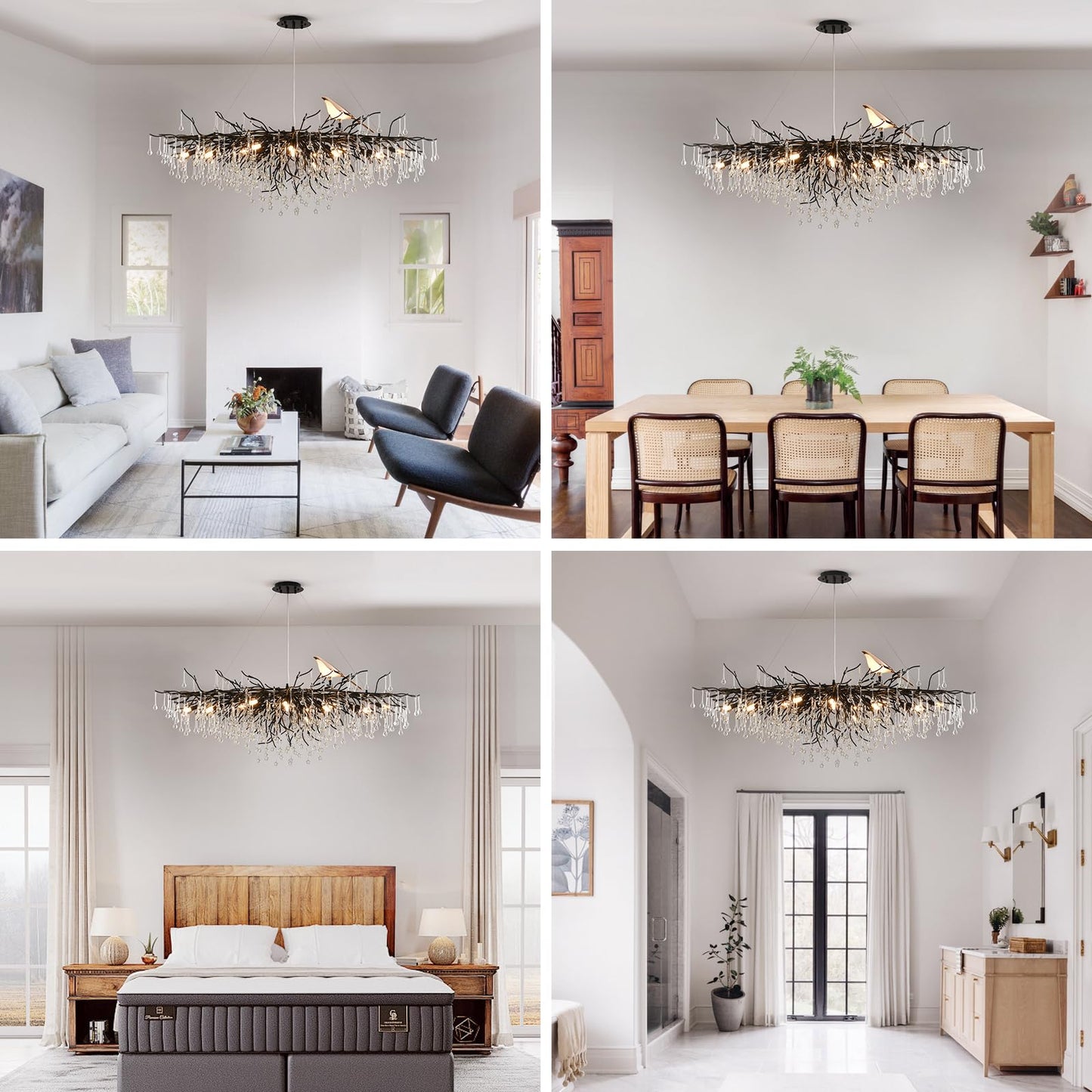 Modern Crystal Chandelier, Tree Branch Style - L60" Black Linear Raindrop Pendant Light - 16 Lights for Dining, Living Room, Entryway, Foyer, Stairway, Bedroom