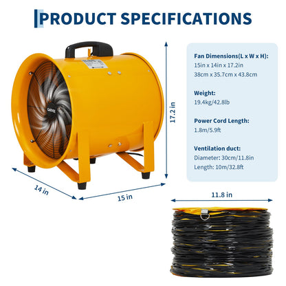 SierraSquad 12 Inch Air Mover Blower Fan, 3500 CFM Heavy Duty Industrial Exhaust Fan with 32.8ft Flexible Duct, Low-Noise Portable Blower Exhaust Fan for Construction, Workshops