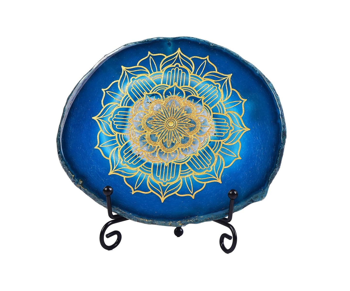AMOYSTONE Spiritual Decor - Laser Engraved Mandala on Natural Agate Slice in Blue, 4-5" with Foldable Stand