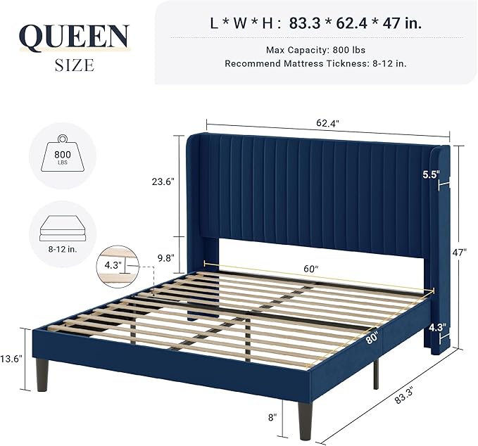 Allewie Queen Size Velvet Bed Frame/Vertical Channel Tufted Wingback