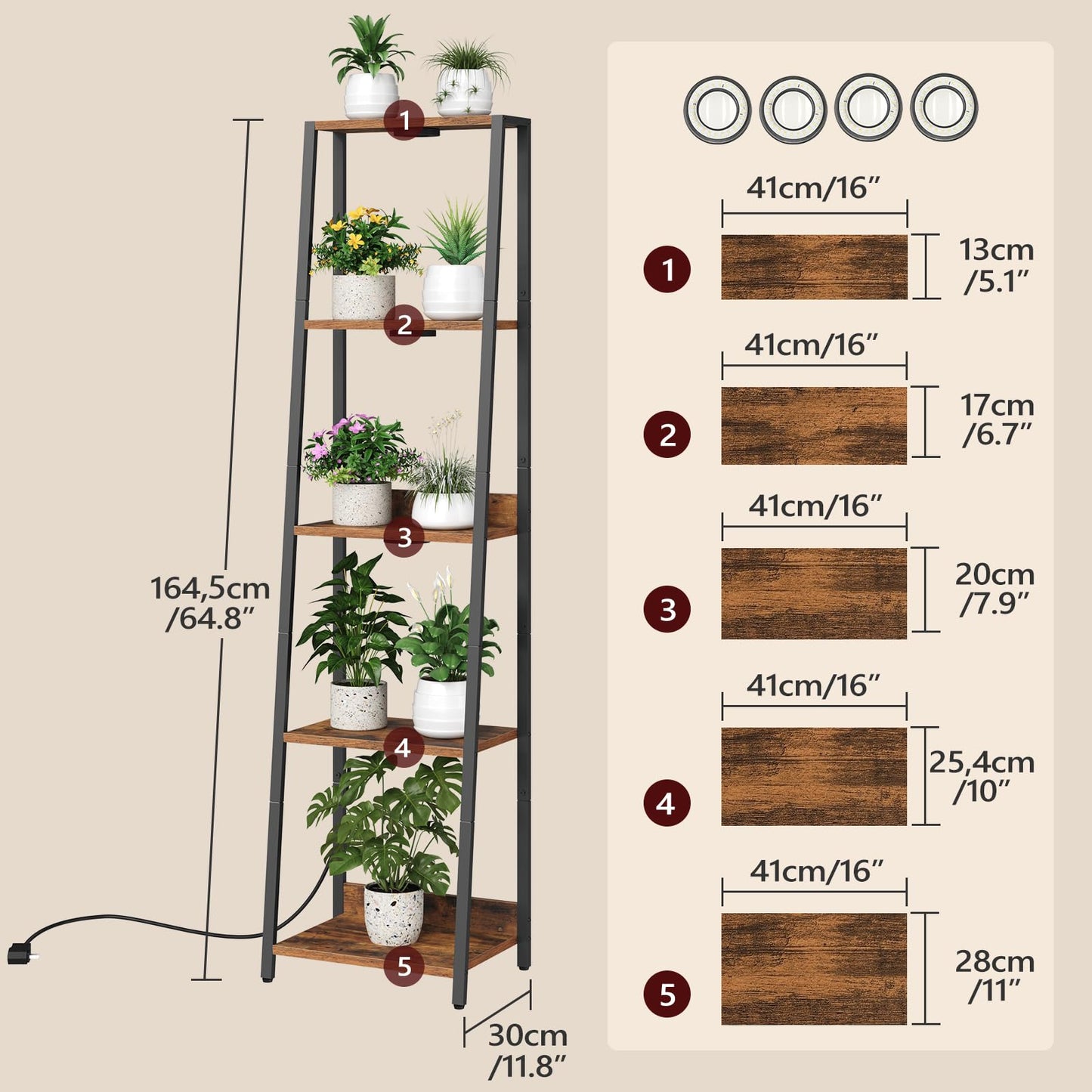 MAHANCRIS Plant Stand with Grow Light, 5 Tier Plant Shelf with Timer for Indoor Plants, Ladder Shape Flower Rack with Raised Back Edges, for Living Room, Balcony, Rustic Brown and Black PSHR05E01