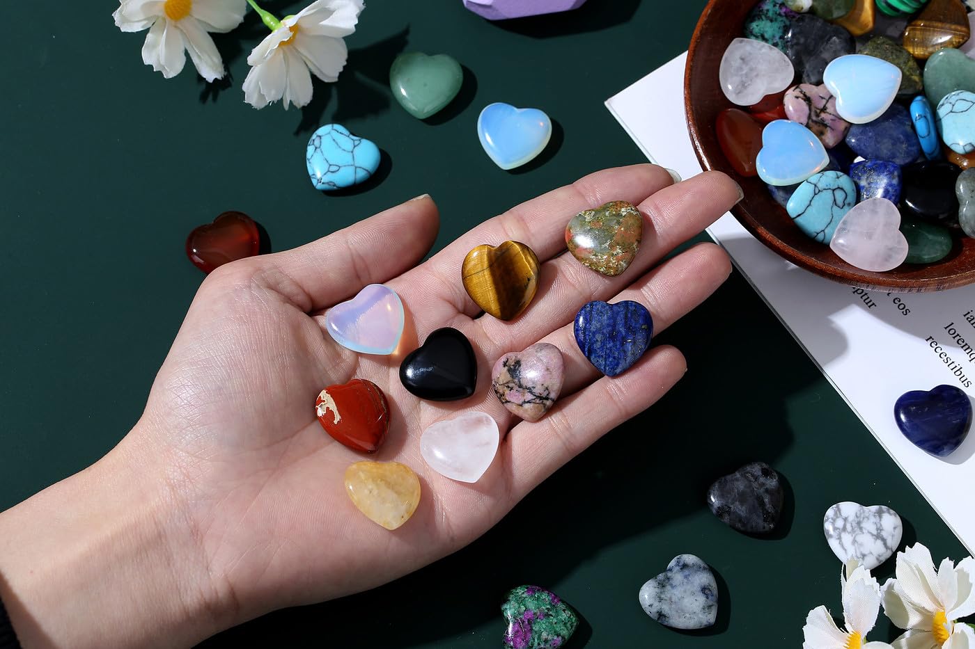NUKAYAI 40 PCS Healing Crystals Mother Gemstones Love Heart Shaped Trinket Rose Quartz Amethyst Set Wholesale Worry Stone Reiki Healing Crystal Cute Bulk Meditation Mother's Day Gifts for Women