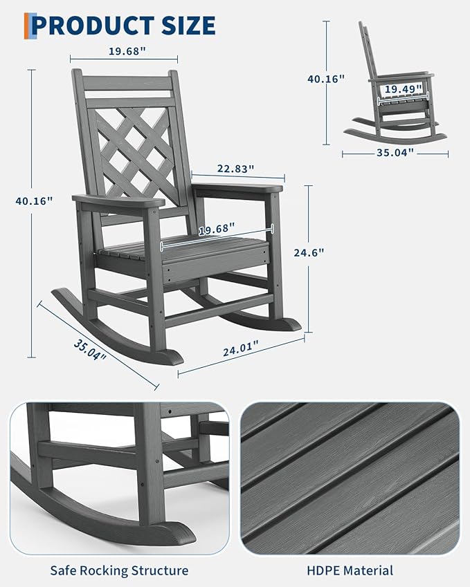 GarveeLife Outdoor Rocking Chair Set of 2, HDPE Weather Resistant Patio Rocking Chair Porch Rocker with Wood Texture & 380 LBS Support for Deck, Pool, Backyard, Gray