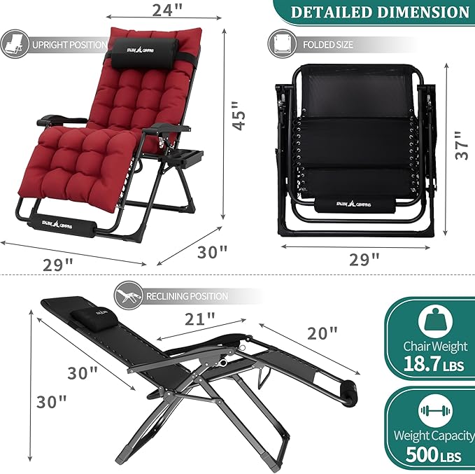 UDPATIO Oversized Zero Gravity Chair 29In XL Patio Reclining Chair with Cushion, Outdoor Folding Recliner with Pillows|Cup Holder|Foot Rest|Padded Headrest, Burgundy, Support 500LB