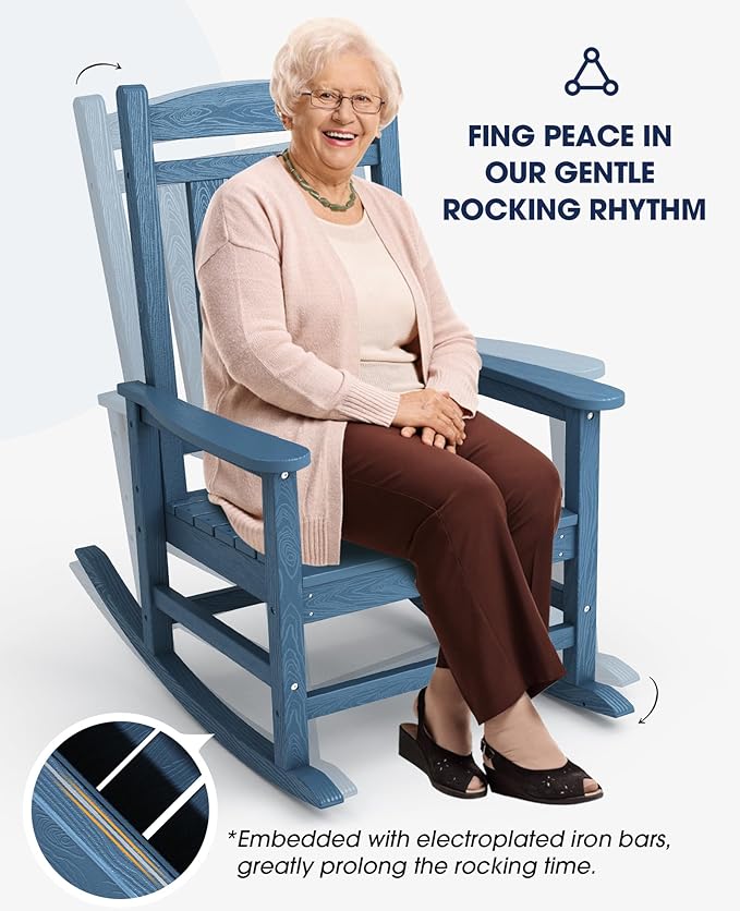 KINGYES HDPE Patio Rocking Chair Set of 4, Outdoor Rocking Chairs Porch Rocker for Adults, Navy