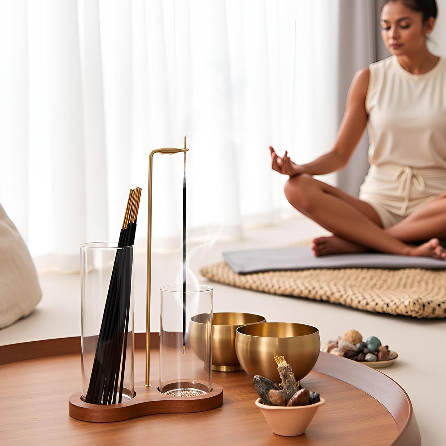 2 in 1 Incense Holder, Glass Incense Holder for Sticks, Anti-Ash Incense Burner with Removable Ash Catcher and Incense Storage for Yoga Meditation Spa Home Decor (Size A)