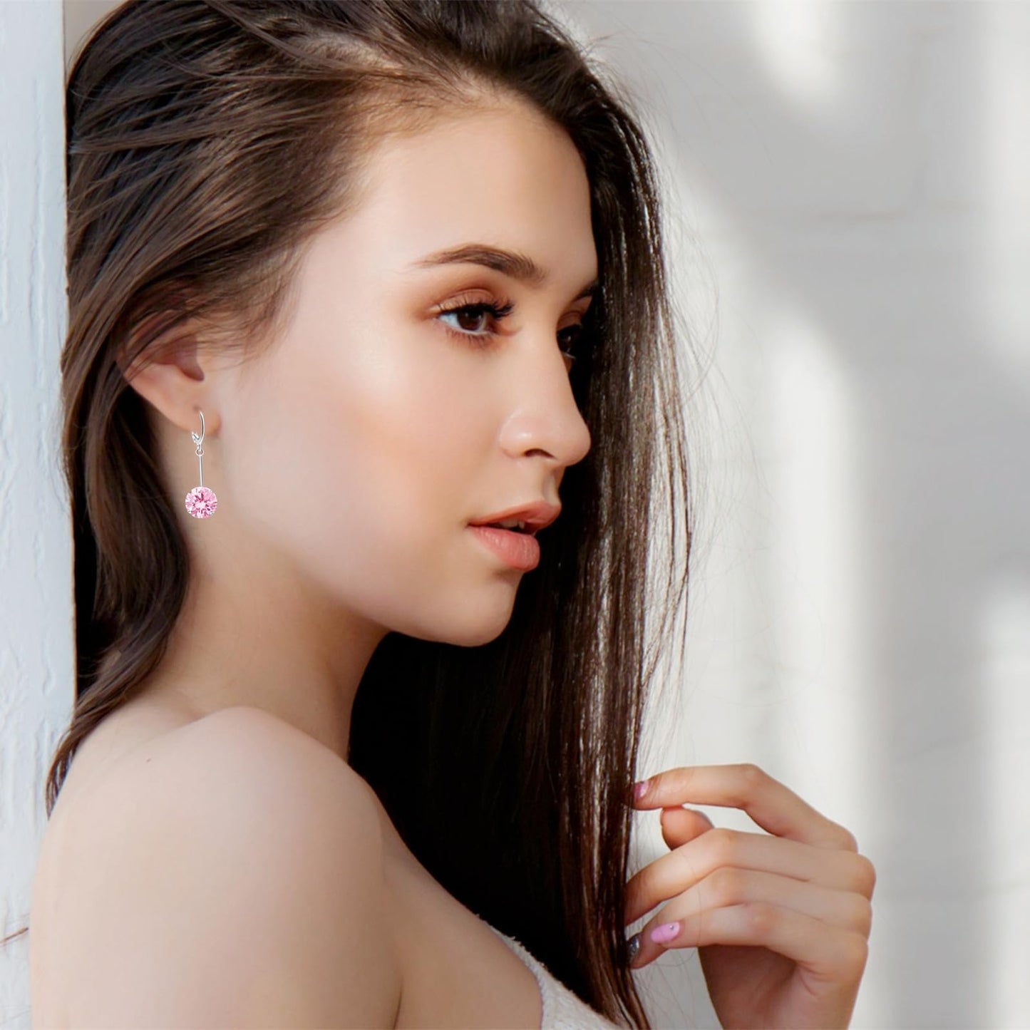 VONSSY Gemstone Drop Dangle Earrings | Platinum/Gold Plated Leverback Crystal Cubic Zirconia Hanging Red/Pink/Blue Earrings (Pink-Platinum)