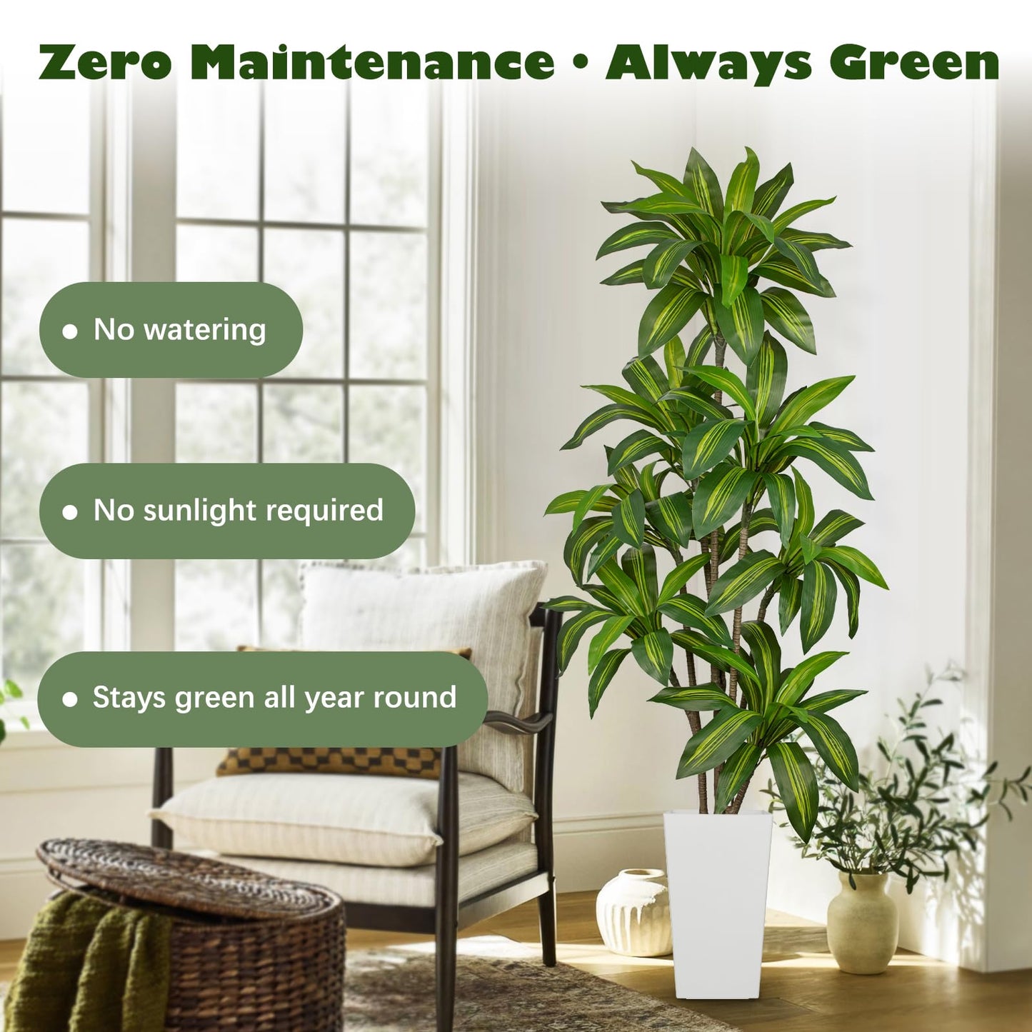 Arborus 6FT Tall Artificial Dracaena Tree, Lifelike Faux Indoor Fake Floor Plant with White Pot, Faux Tree for Home Office Living Room Entryway Décor