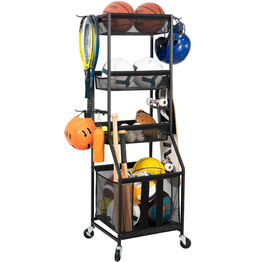 STORAGE MANIAC Ball Storage Bin Rolling Sports Ball Cart, Metal Garage Organizer Sport Rack, Ball Basket Storage, Ball Cage for Garage or Gym, Indoor & Outdoor Sports Equipment Organizer with Shelves