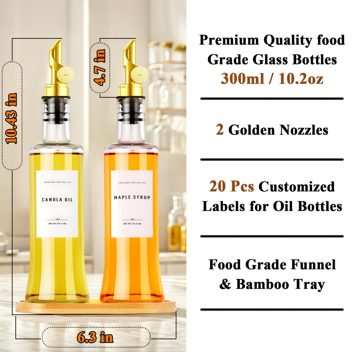 GIXSEGIE Olive Oil Dispenser Bottles for Kitchen with Bamboo Tray, Oil and Vinegar Dispenser Set, Coffee Syrup Dispensers, Glass Dispensers for Kitchen, Dispenser Bottle of 300ml - Set of 2 Gold
