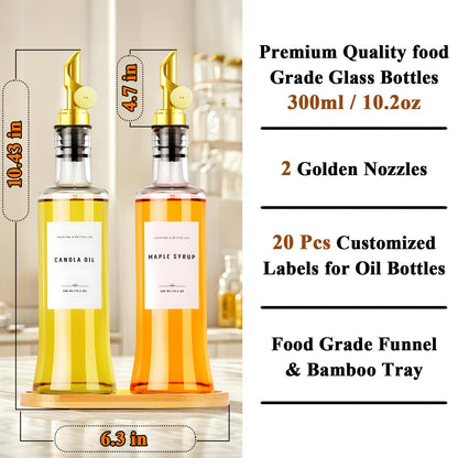 GIXSEGIE Olive Oil Dispenser Bottles for Kitchen with Bamboo Tray, Oil and Vinegar Dispenser Set, Coffee Syrup Dispensers, Glass Dispensers for Kitchen, Dispenser Bottle of 300ml - Set of 2 Gold