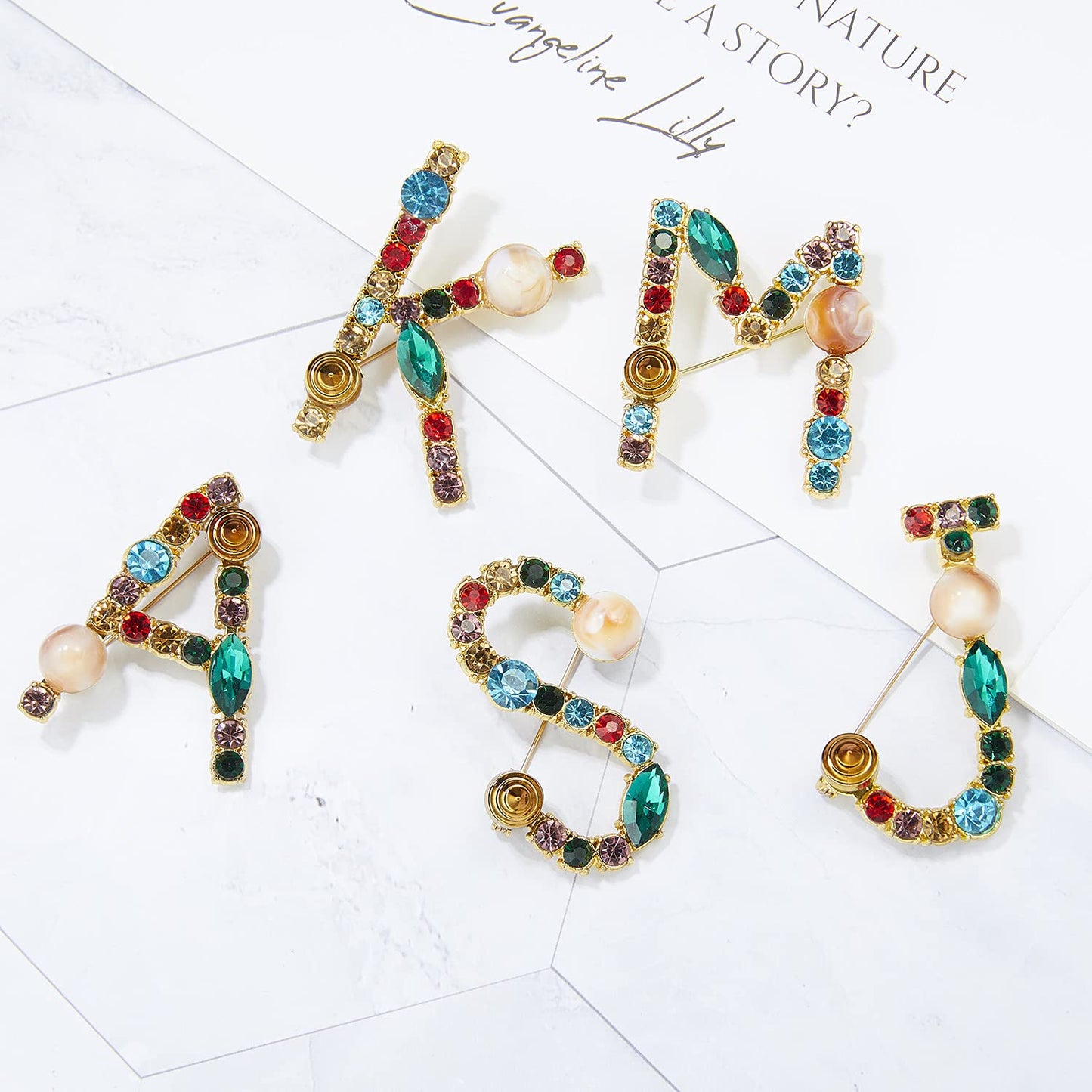 RINHOO Crystal Pearl Initial Brooch Gold Plated Enamel Colorful Letter Alphabet Breastpin Pin Jewelry for GIFTS (Gold A)