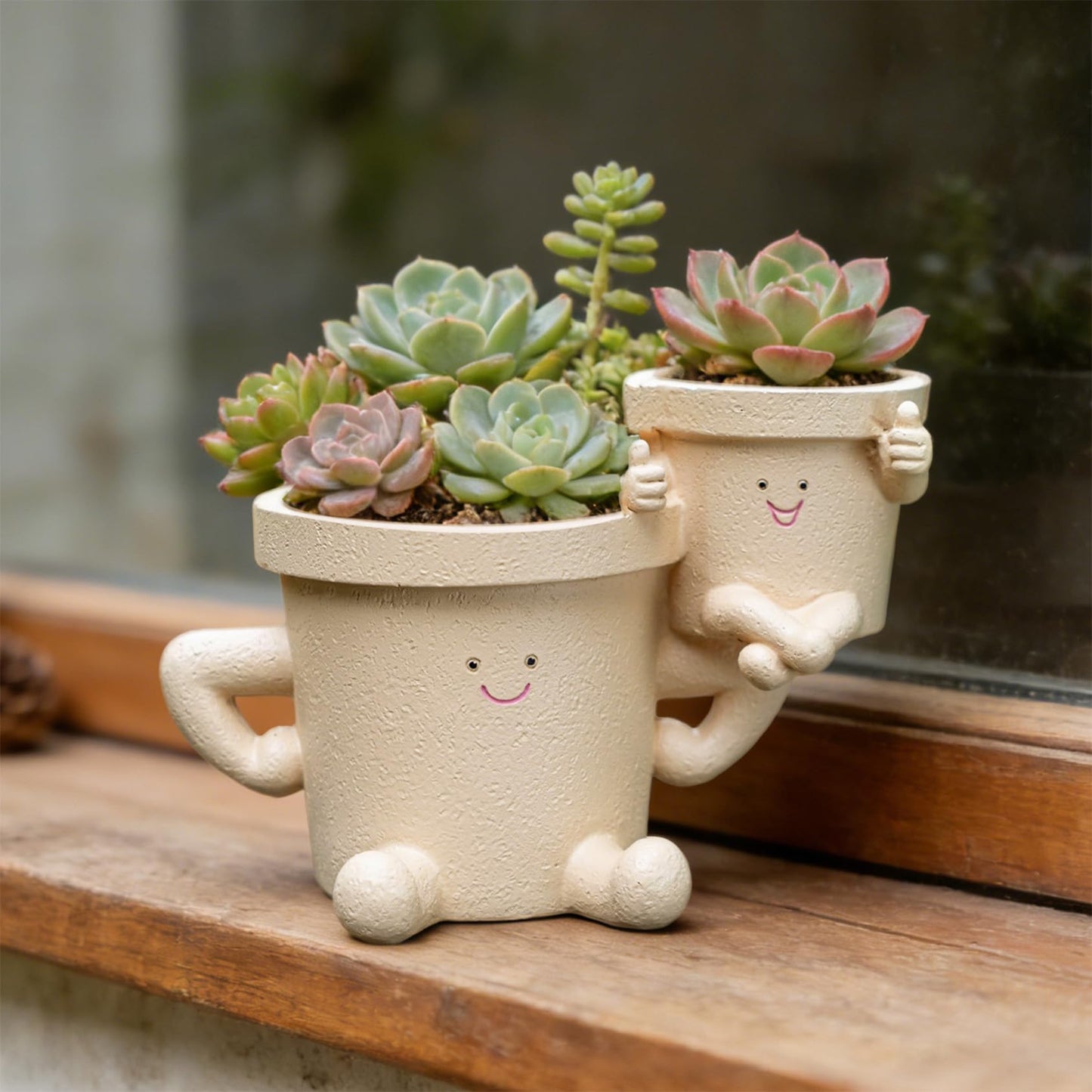 RZOIKZOI Funny Smiley Face Planter with Drainage Hole,Cute Thumbs Up Succulent Pots for Indoor/Outdoor Plants,2-in-1 Unique Novelty Flower Pot, Plant Gifts for Mother's Day, Birthday, Christmas(Khaki)