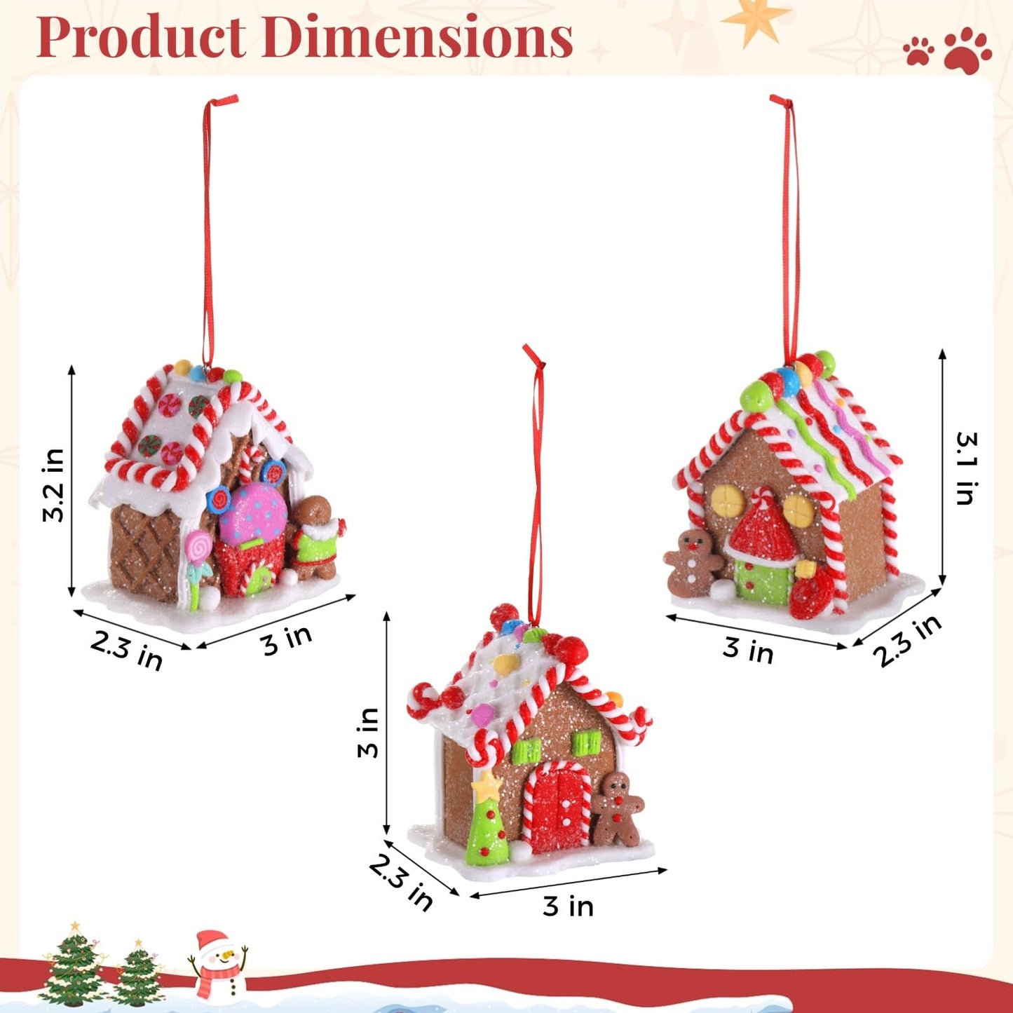3 Pcs Gingerbread House Ornaments,Christmas Tree Decorations,Cute Polymer Clay Candy House Decorations with Rope,Fairy Tale Tree Hanging Ornaments for Holiday Decor
