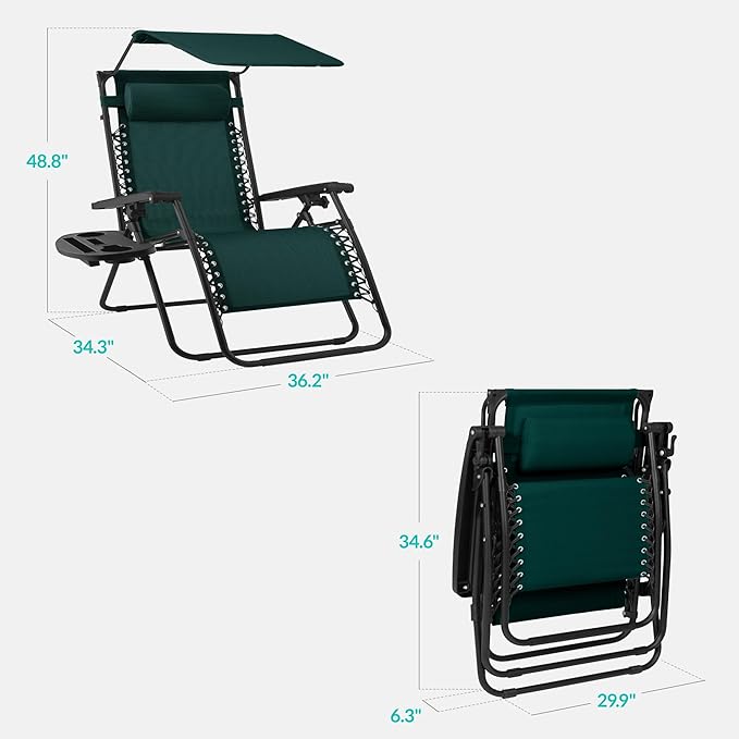 Best Choice Products 30” Wide Folding Zero Gravity Outdoor Recliner Patio Lounge Chair w/Adjustable Canopy Shade, Headrest, Side Accessory Tray - Forest Green