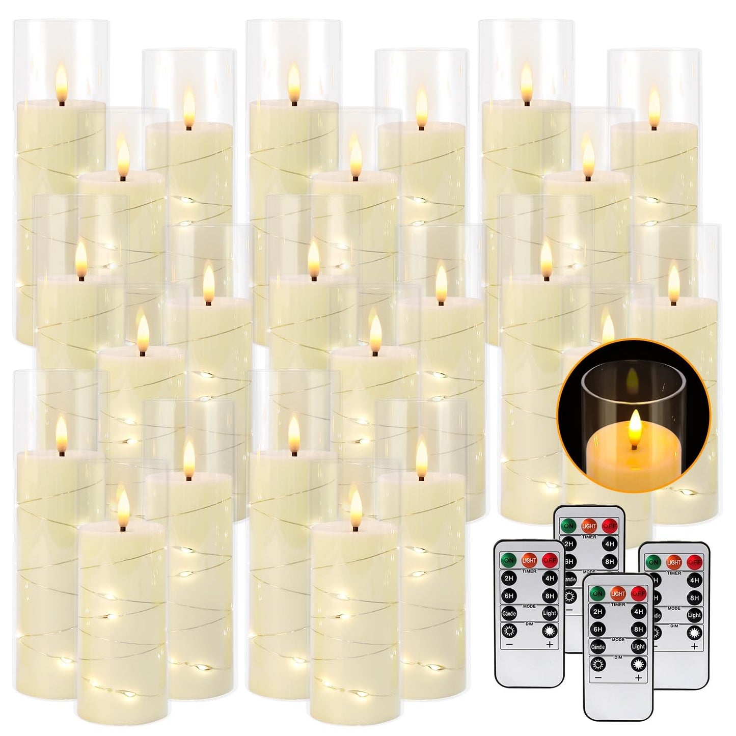 CAKETYCG 24 Pcs LED Flameless Candles with Remote, 3D Flickering Flame & LED String Lights, Acrylic Clear Cylinder, Timer Function, Romantic Ambience for Home Decor, Party, Wedding (Ivory).