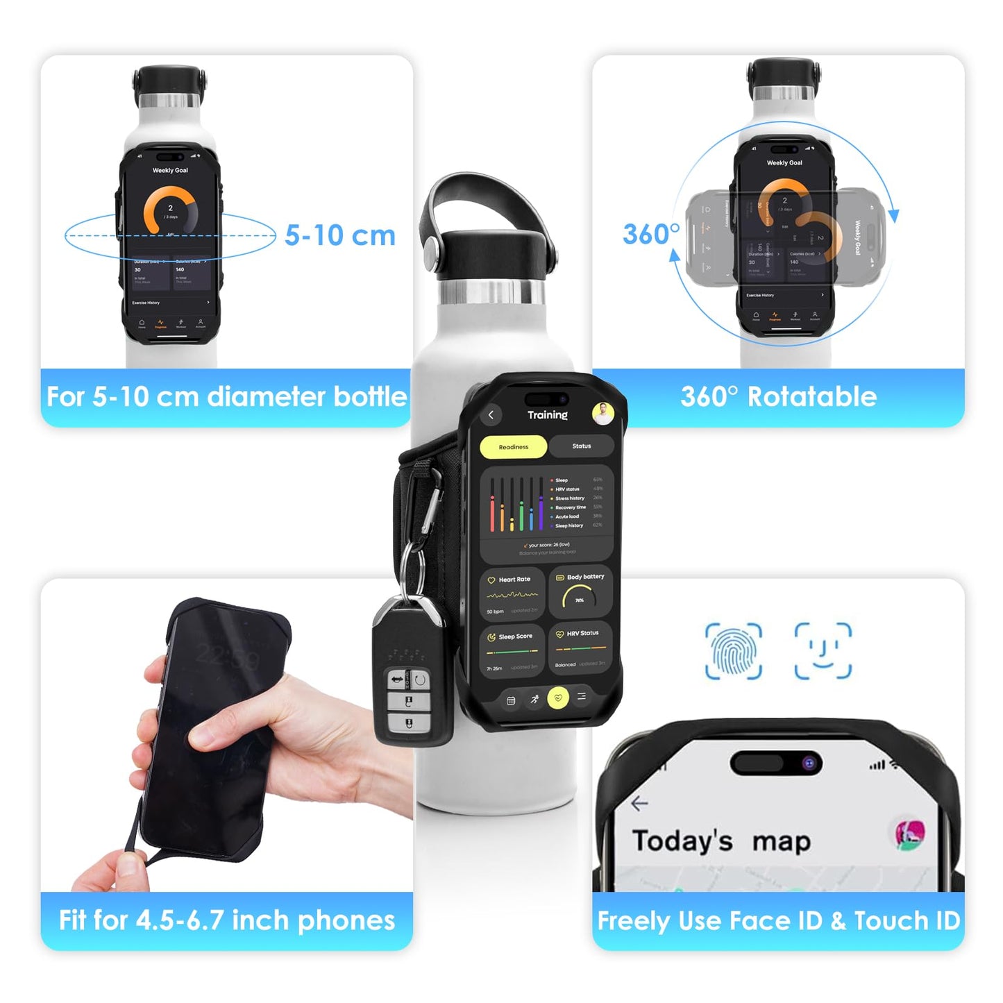 Cikyner Water Bottle Strap, Water Bottle Holder for Mobile Phone 360° Rotatable & Removable Water Bottle Pouch Gym Water Bottle Accessories for 4.5-7'' Mobile Phone & 18-40 oz Water Bottles (G7)