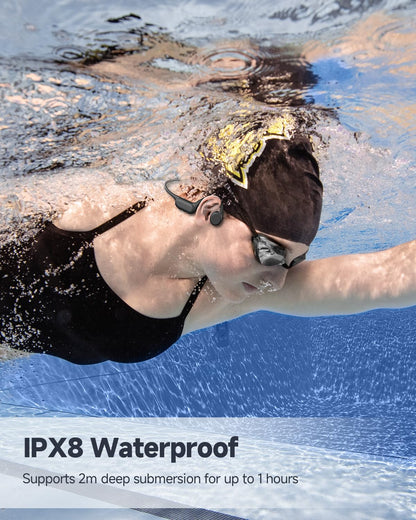 PSIER Bone Conduction Headphones IPX8 Waterproof Swimming Headphones Open Ear Headphones with MP3 Mode 32GB Memory Up to 8 Hours Playtime Bluetooth 5.4 Ear Buds Secure Fit for Running and Fitness