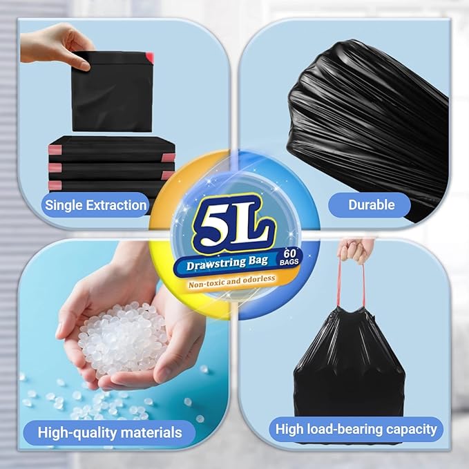 XUXRUS 1.5 Gallon Black Mini Trash Bags, Tear-Resistant, Easy Tear-Off