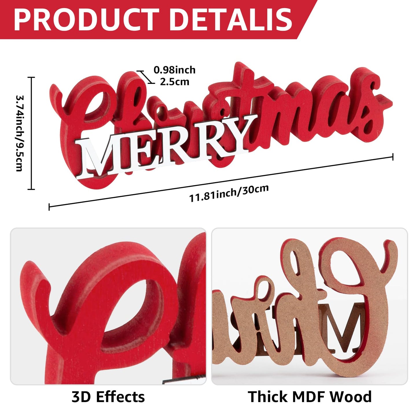 Christmas Centerpieces for Table - Wooden Merry Christmas Sign with Red & White Accents, Festive Tabletop and Mantel Decor for Dining Room, Shelf, Tray, Dinner Party Centerpiece