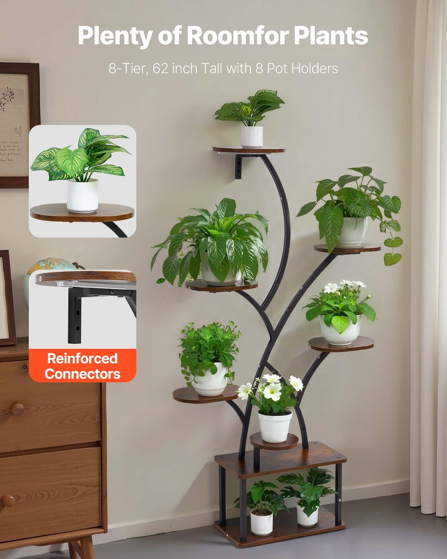 VEVOR Plant Stand Indoor with Grow Lights, 62 in Tall 8-Tier Lighted Plant Shelf, Metal Corner Plants Holder, 3 Timer & 10 Brightness, Tree-Shaped Flower Display Rack for Living Room Balcony Decor