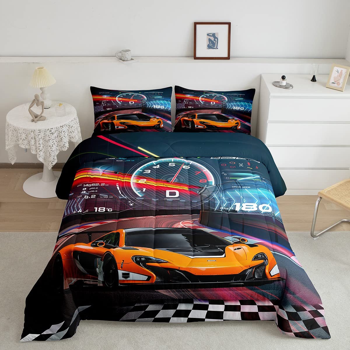 Feelyou Race Car Bedding Set - Extreme Sports Comforter Set for Kids - Queen Size, 1 Comforter Set with 2 Pillowcases