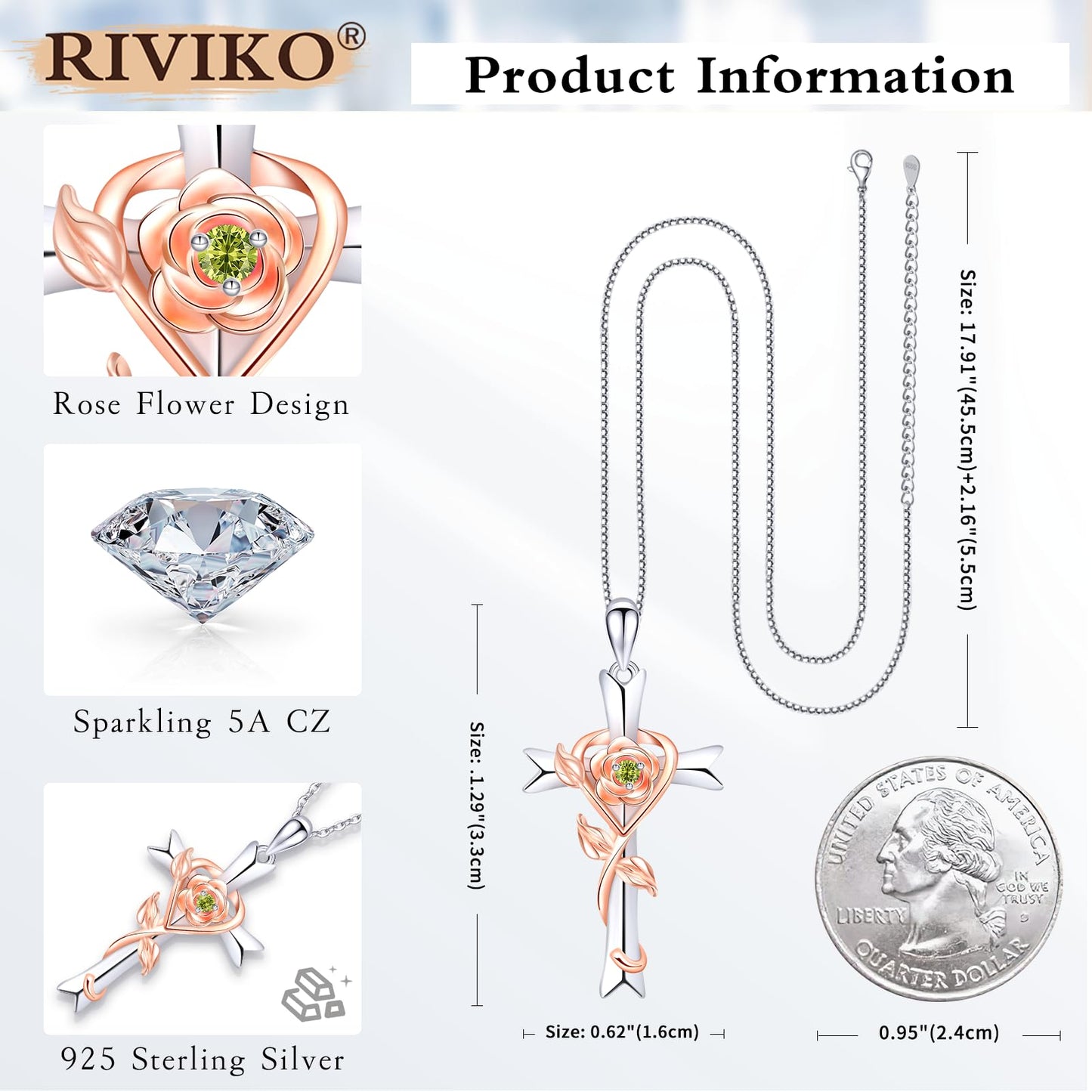 RIVIKO 925 Sterling Silver Cross August Birthstone Necklace for Women Cross Rose Pendant Necklaces Trendy Christmas Anniversary Valentine's Day Jewelry Birthday Gift for Women Her Wife